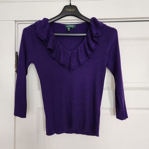 Lauren Ralph Lauren 100% silk sweater with frills purple stretchy size small